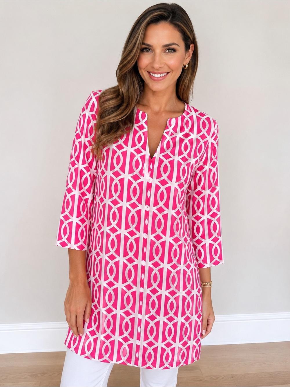Gretchen Scott Designs Pink White Geometric Tunic Top Dress Size S